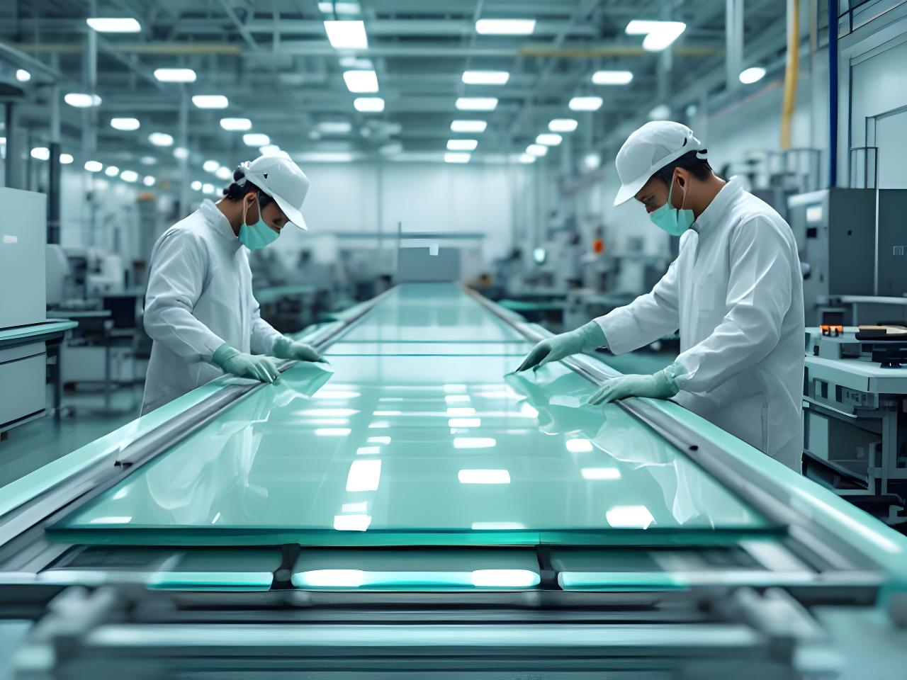Línea de producción de vidrio con técnicos verificando una plancha brillante en una nave industrial limpia