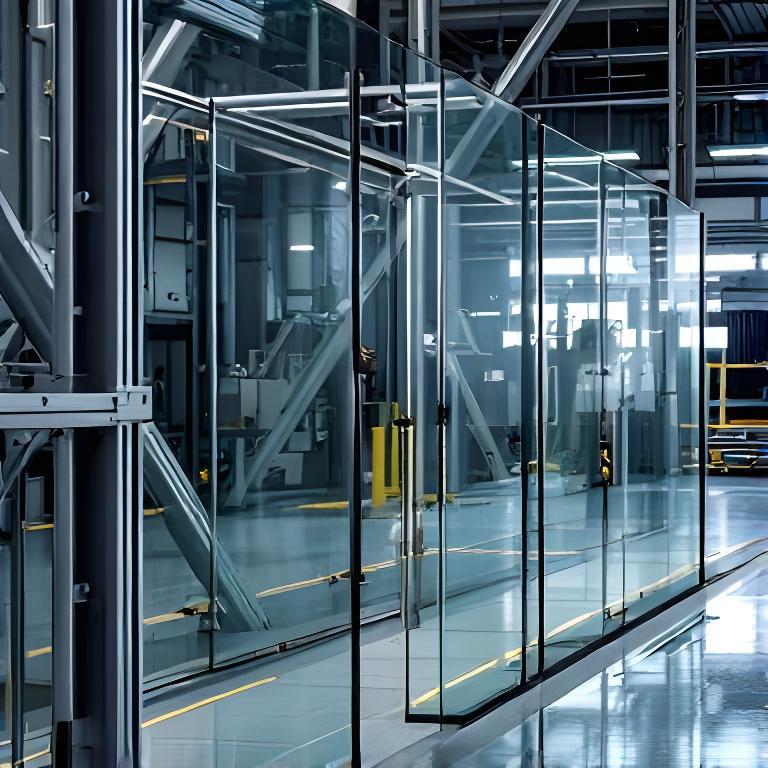 Protección de vidrio templado en área industrial con estructura metálica y piso técnico